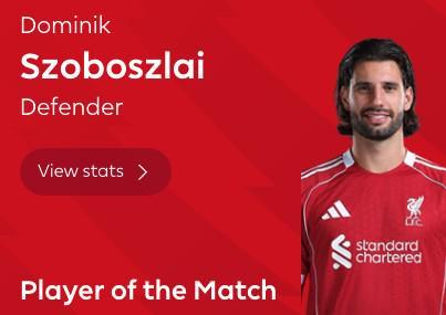 狗子28官网-任意球破门，索博斯洛伊当选利物浦vs热刺全场最佳球员